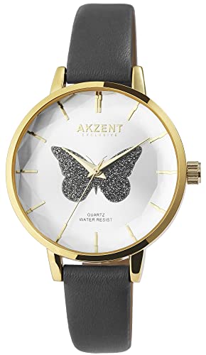 Akzent Exclusive Damen-Uhr Kunstleder Glitzer Analog Quarz 1900250 (grau) von Akzent