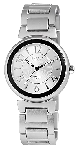 Akzent Damen-Uhr Armbanduhr Silberfarbig rund 36mm x 9mm Metallarmband Silberfarbig 19cm x 22mm Faltschließe und Ziffernblatt in silberfarbig SS8122500013 von Akzent