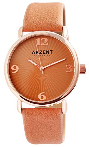 Akzent Exclusive Damen - Uhr Lederimitat Armbanduhr Dornschließe Analog Quarz 1900231 (Orange) von Akzent