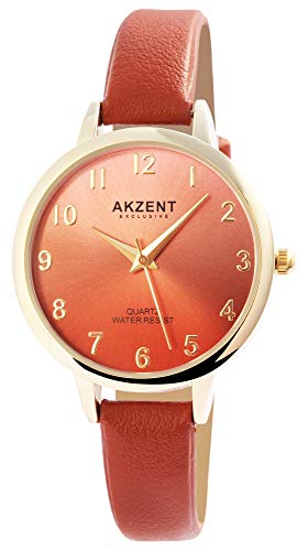 Akzent Exclusive Damen - Uhr Lederimitat Armbanduhr Dornschließe Analog Quarz 1900233 (Braun) von Akzent