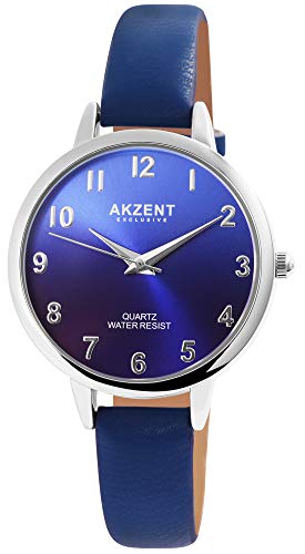 Akzent Exclusive Damen - Uhr Lederimitat Armbanduhr Dornschließe Analog Quarz 1900233 (Dunkelblau) von Akzent