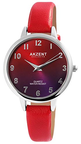 Akzent Exclusive Damen - Uhr Lederimitat Armbanduhr Dornschließe Analog Quarz 1900233 (Dunkelrot) von Akzent