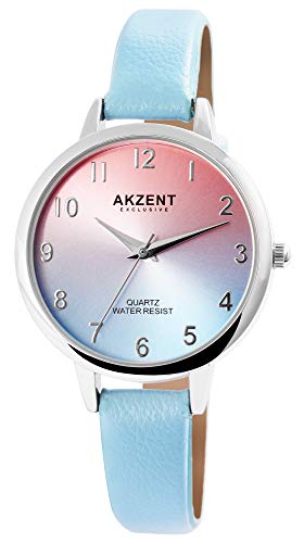 Akzent Exclusive Damen - Uhr Lederimitat Armbanduhr Dornschließe Analog Quarz 1900233 (Hellblau) von Akzent