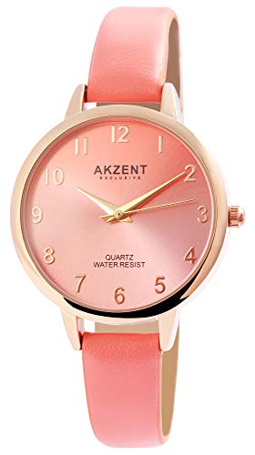 Akzent Exclusive Damen - Uhr Lederimitat Armbanduhr Dornschließe Analog Quarz 1900233 (Rosa) von Akzent