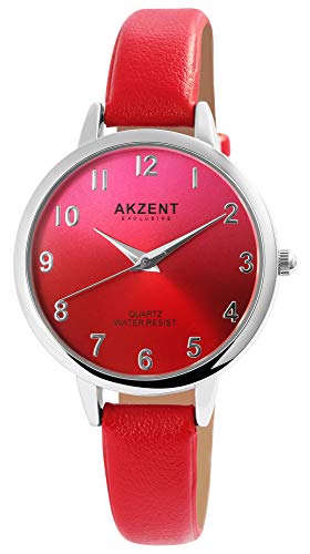 Akzent Exclusive Damen - Uhr Lederimitat Armbanduhr Dornschließe Analog Quarz 1900233 (Rot) von Akzent