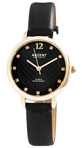 Akzent Exclusive Damen - Uhr Lederimitation Armbanduhr Dornschließ Analog Quarz 1900232 (Schwarz/Goldfarbig/Schwarz) von Akzent