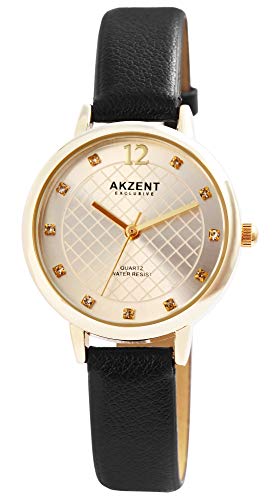 Akzent Exclusive Damen - Uhr Lederimitation Armbanduhr Dornschließ Analog Quarz 1900232 (Schwarz/Goldfarbig) von Akzent