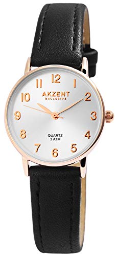 Akzent Exclusive Damen - Uhr Lederimitations Armbanduhr Dornschließe Analog Quarz 1900208 (Schwarz/Silberfarbig) von Akzent