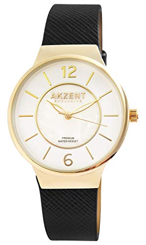 Akzent Exclusive Damen - Uhr Lederimitations Armbanduhr Dornschließe Analog Quarz 1900234 (Schwarz/Goldfarben/Weiß) von Akzent