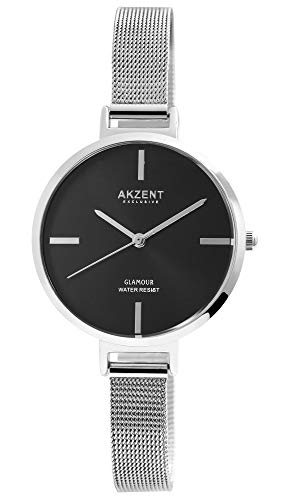 Akzent Exclusive Damen - Uhr Edelstahl Milanaise Armband Analog Quarz 1300024 (Silberfarbig/Black) von Akzent