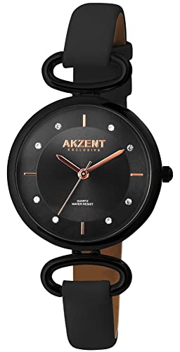 Akzent Exclusive Damen-Uhr Kunstleder Glitzer Analog Quarz 1900246 (schwarz) von Akzent