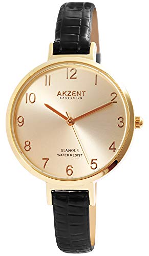 Akzent Exclusive Damen - Uhr Lederimitations Armbanduhr Dornschließe Analog Quarz 1900230 (schwarz goldfarbig) von Akzent