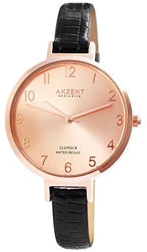 Akzent Exclusive Damen - Uhr Lederimitations Armbanduhr Dornschließe Analog Quarz 1900230 (schwarz roségoldfarbig) von Akzent