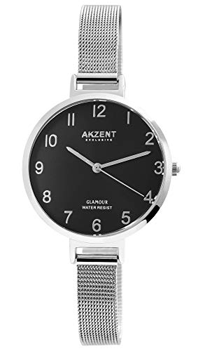 Akzent Exclusive Damen - Uhr Edelstahl Milanaise Armband Analog Quarz 1300024 (Silberfarbig/Schwarz) von Akzent