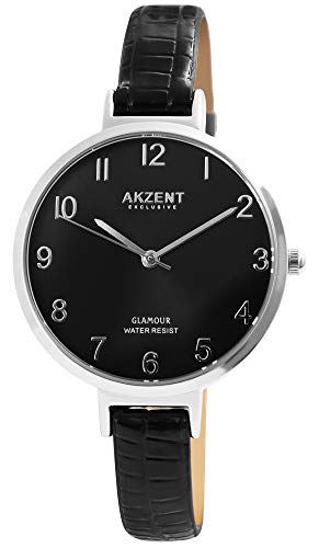 Akzent Exclusive Damen - Uhr Lederimitations Armbanduhr Dornschließe Analog Quarz 1900230 (Schwarz) von Akzent