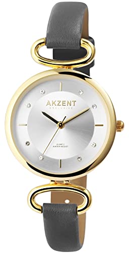 Akzent Exclusive Damen-Uhr Kunstleder Glitzer Analog Quarz 1900246 (grau goldfarbig) von Akzent