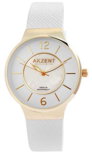 Akzent Exclusive Damen - Uhr Lederimitations Armbanduhr Dornschließe Analog Quarz 1900234 (Weiß/Goldfarben/Weiß) von Akzent