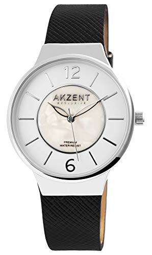 Akzent Exclusive Damen - Uhr Lederimitations Armbanduhr Dornschließe Analog Quarz 1900234 (Schwarz/Silberfarben/Weiß) von Akzent