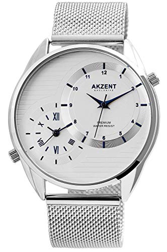 Akzent Exclusive Herren – Uhr Meshband Armbanduhr 2 Zeiten Analog Quarz 2300010 (Weiß) von Akzent