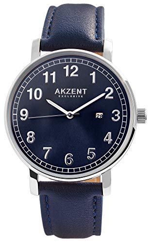 Akzent Exclusive Herren - Uhr Lederimitations Armbanduhr Dornschließe Analog Quarz 2900188 (Blau/Blau) von Akzent