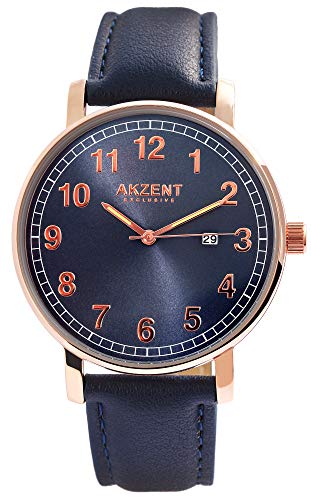 Akzent Exclusive Herren - Uhr Lederimitations Armbanduhr Dornschließe Analog Quarz 2900188 (Dunkelblau/Dunkelblau) von Akzent