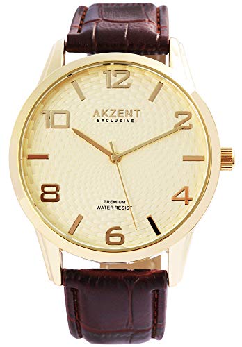 Akzent Exclusive Herren - Uhr Lederimitations Armbanduhr Dornschließe Analog Quarz 2900191 (Braun/Goldfarben/Goldfarben) von Akzent