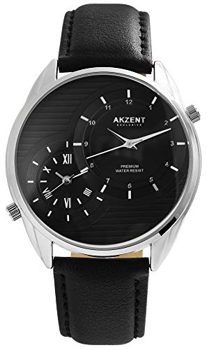 Akzent Exclusive Herren – Uhr Lederimitat Armbanduhr 2 Zeiten Analog Quarz 2900187 (Schwarz) von Akzent