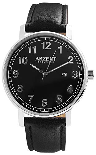 Akzent Exclusive Herren - Uhr Lederimitations Armbanduhr Dornschließe Analog Quarz 2900188 (Schwarz/Schwarz) von Akzent