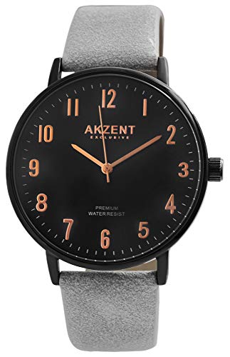 Akzent Exclusive Herren - Uhr Lederimitations Armbanduhr Dornschließe Analog Quarz 2900190 (Grau/Schwarz) von Akzent