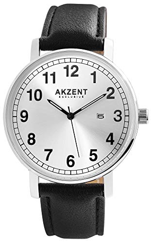Akzent Exclusive Herren - Uhr Lederimitations Armbanduhr Dornschließe Analog Quarz 2900188 (Schwarz/Silberfarben) von Akzent