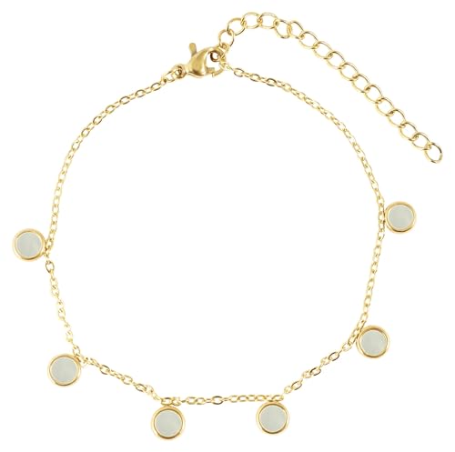 Akzent Fußkette Damen Edelstahl 19+5 cm verstellbar – Fußkettchen „Dar“ mit 6 Perlmutt-Anhängern, Ankerkette, silber- oder goldfarben von Akzent
