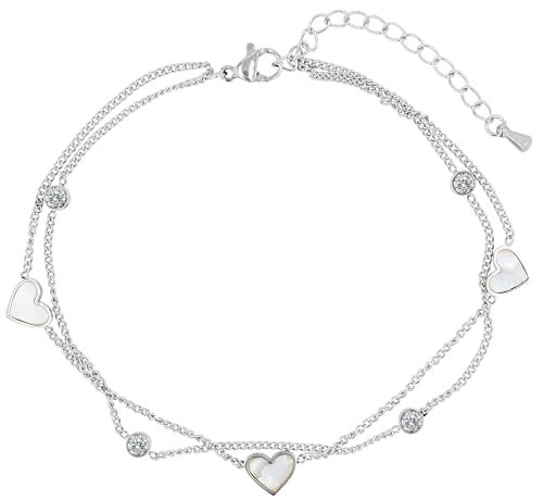 Akzent Fußkette Damen Edelstahl 2-reihig 21,5+5 cm verstellbar – Fußkettchen mit Perlmutt-Herzanhängern & runden Similielementen von Akzent