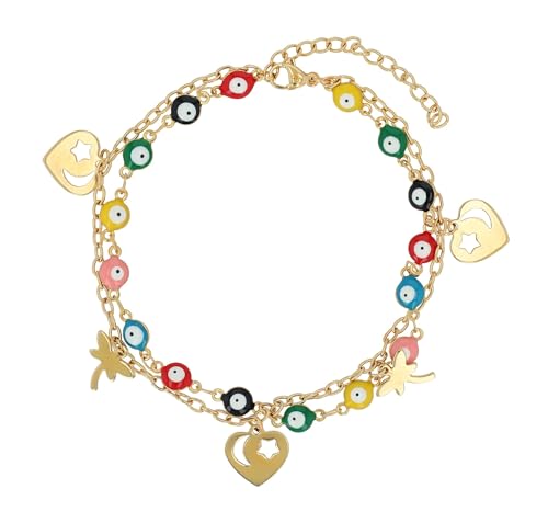Akzent Fußkette Damen Edelstahl 2-reihig 23+5 cm verstellbar – Fußkettchen „Prisara“ mit Palmen-, Herz- & Nazar-Augen-Anhängern, silber- oder goldfarben von Akzent