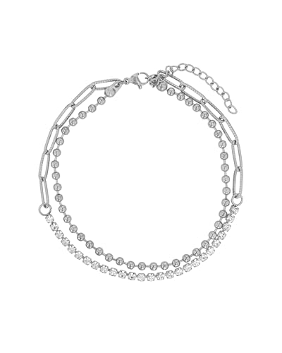 Akzent Fußkette Damen Edelstahl 2-reihig 23+5 cm verstellbar – Fußkettchen mit Kugelkette & Similisteinen, modernes Design von Akzent
