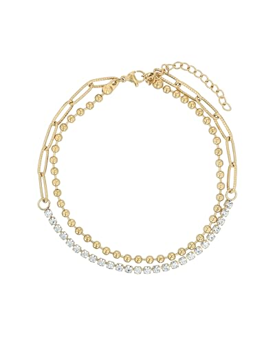Akzent Fußkette Damen Edelstahl 2-reihig 23+5 cm verstellbar – Fußkettchen mit Kugelkette & Similisteinen, modernes elegantes Design von Akzent