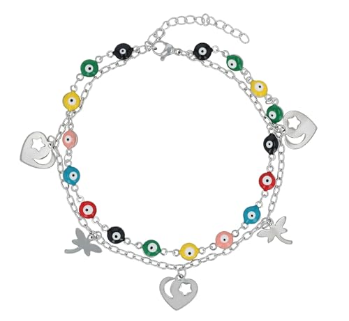 Akzent Fußkette Damen Edelstahl 2-reihig 24+5 cm verstellbar – Fußkettchen „Prisara“ mit Palmen-, Herz- & Nazar-Augen-Anhängern, silber- oder goldfarben von Akzent