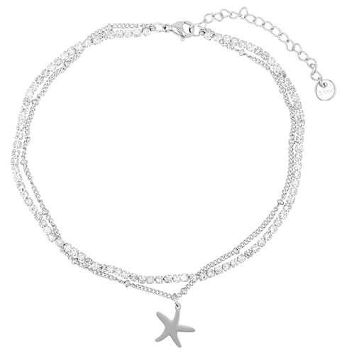 Akzent Fußkette Damen Edelstahl 2-reihig 24+5 cm verstellbar – Fußkettchen mit Similisteinen & wahlweise Lebensbaum- oder Seestern-Anhänger von Akzent