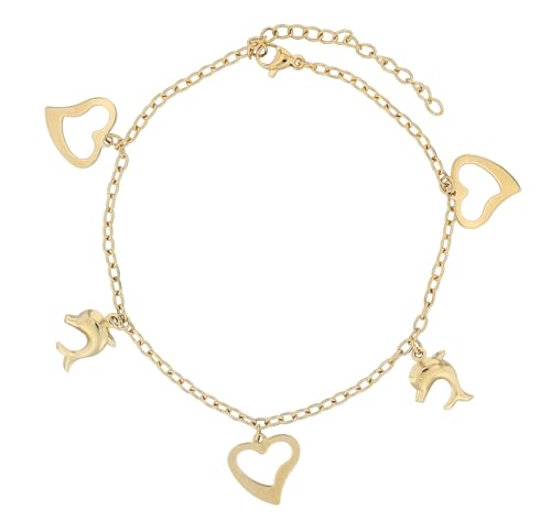 Akzent Fußkette Damen Edelstahl 23+5 cm verstellbar – Fußkettchen „Joliette“ mit Herz- & Delphin-Anhängern, silber- oder goldfarben von Akzent