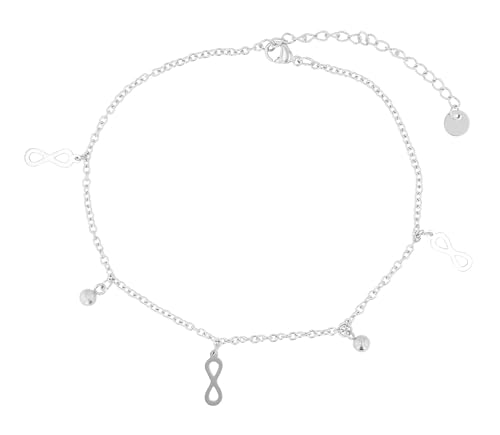 Akzent Fußkette Damen Edelstahl 24+5 cm verstellbar – Fußkettchen „Dagny“ mit Infinity- & Kugelanhängern, silber- oder goldfarben von Akzent