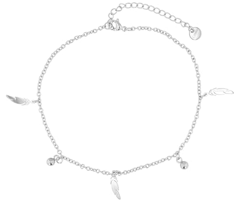 Akzent Fußkette Damen Edelstahl 24+5 cm verstellbar – Fußkettchen „Nyrobi“ mit Feder- & Kugelanhängern, silber- oder goldfarben von Akzent
