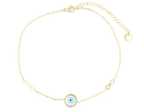 Akzent Fußkette Damen Edelstahl 24+5 cm verstellbar – Fußkettchen „Wenna“ mit Nazar-Auge & Infinity-Anhängern, silber- oder goldfarben, Perlmutt von Akzent