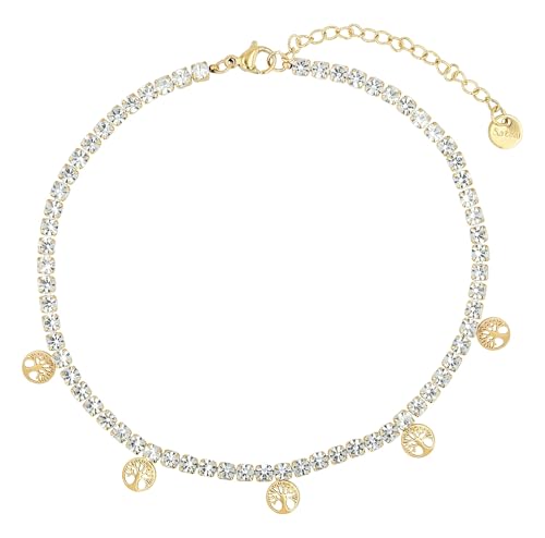 Akzent Fußkette Damen Edelstahl 24+5 cm verstellbar – robustes Fußkettchen mit 5 Lebensbaum-Anhängern Ø6 mm, 3 mm stark, langlebig von Akzent