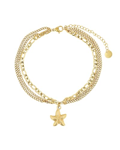 Akzent Fußkette Damen Edelstahl 3-reihig 21+5 cm verstellbar – Fußkettchen mit Seestern-Anhänger, Panzermuster, maritimer Stil von Akzent