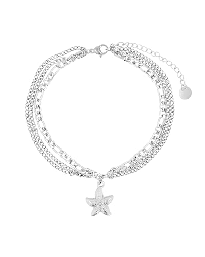 Akzent Fußkette Damen Edelstahl 3-reihig 21+5 cm verstellbar – Fußkettchen mit Seestern-Anhänger, Panzermuster, maritimes Design von Akzent