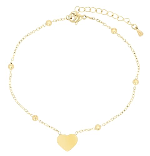Akzent Fußkette Damen Edelstahl goldfarben ionenplattiert 21,5+5 cm verstellbar – Fußkettchen „Golda“ mit Herzanhänger & Edelstahlkugeln von Akzent