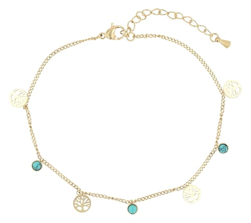 Akzent Fußkette Damen Edelstahl ionenplattiert 21,5+5 cm verstellbar – Fußkettchen mit türkisfarbenen Elementen & Lebensbaum-Anhängern von Akzent