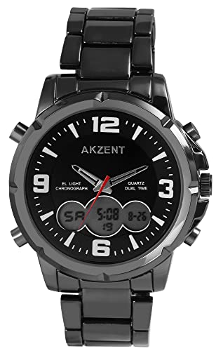 Akzent Herren-Uhr Edelstahl Datum Stoppuhr Analog Digital 2420026 (schwarz) von Akzent