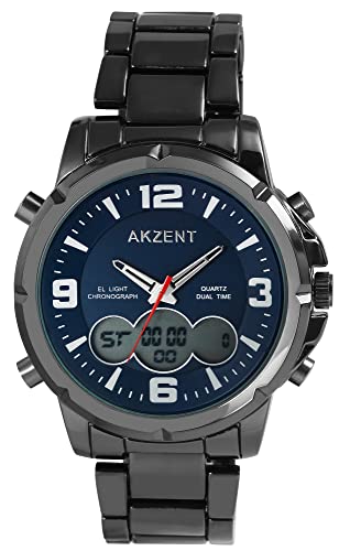 Akzent Herren-Uhr Edelstahl Datum Stoppuhr Analog Digital 2420026 (schwarz blau) von Akzent