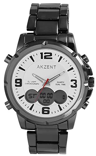 Akzent Herren-Uhr Edelstahl Datum Stoppuhr Analog Digital 2420026 (schwarz weiß) von Akzent