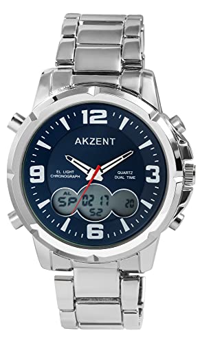 Akzent Herren-Uhr Edelstahl Datum Stoppuhr Analog Digital 2420026 (silberfarbig blau) von Akzent
